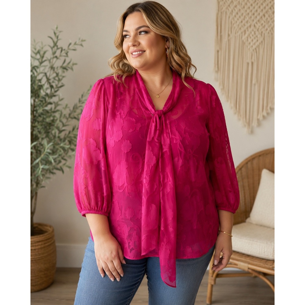 Wms Plus Floral Burnout Tie Neck Blouse 14/16W Pink Romantic  Ashley Stewart